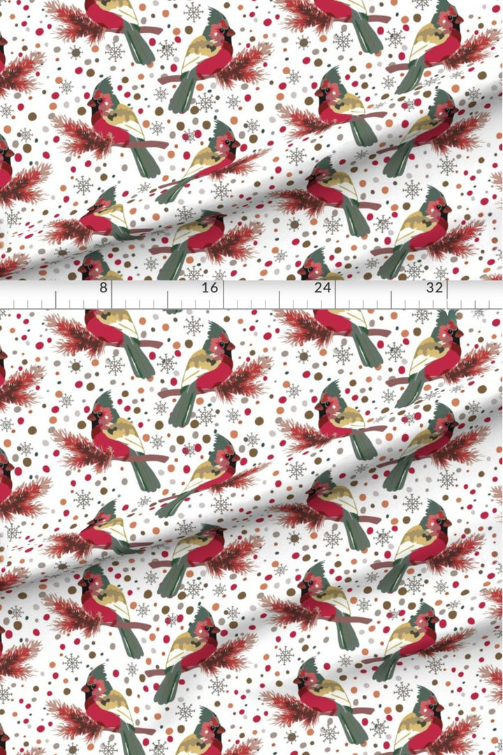 Cardinal Snowfall Christmas fabric with measurements showing the pattern scale of the red cardinal and pine print