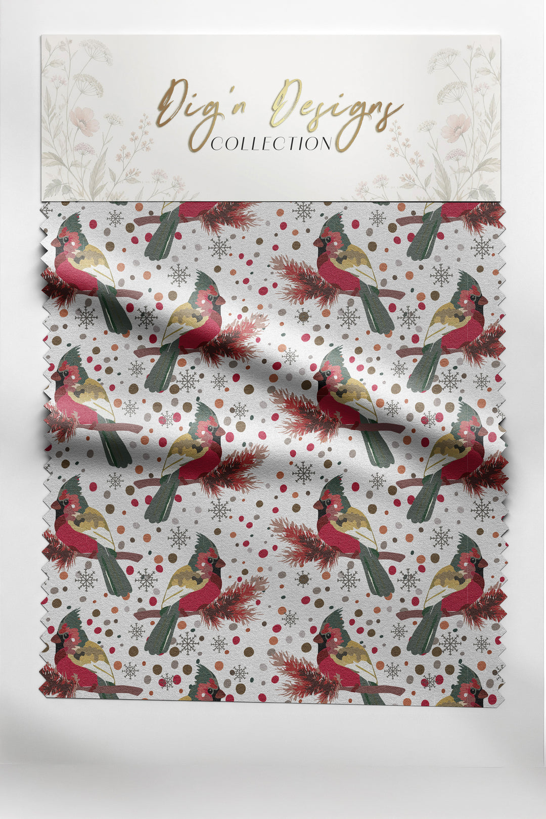 Cardinal Snowfall Christmas fabric swatch with red cardinals, pine boughs, snowflakes and berry dots on white, from the Hearth & Holly Collection by Dig'n Designs
