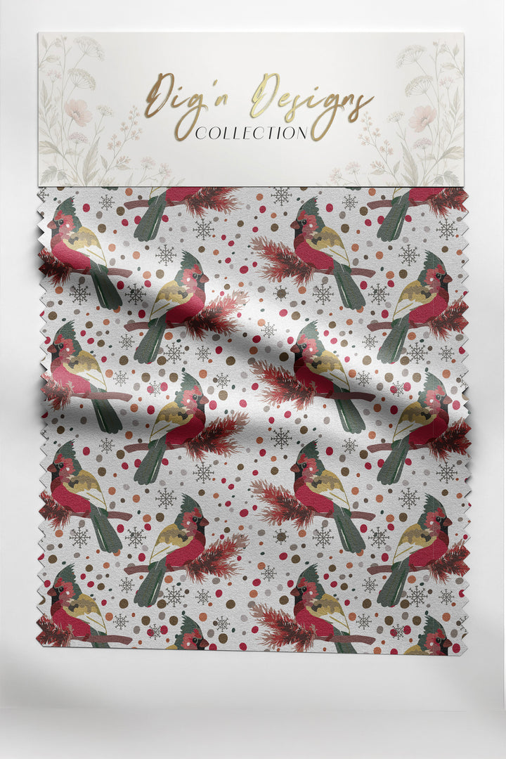 Cardinal Snowfall Christmas fabric swatch with red cardinals, pine boughs, snowflakes and berry dots on white, from the Hearth &amp; Holly Collection by Dig&