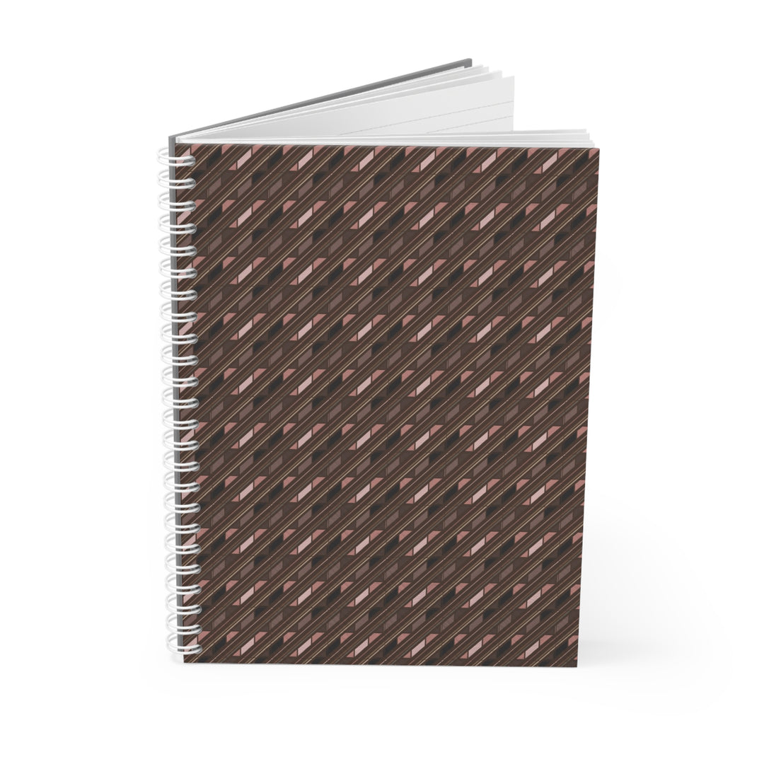 A spiral-bound notebook with a dark brown cover featuring a repeating diagonal pattern of lighter brown and pinkish-brown stripes, shown on a clean white background.
