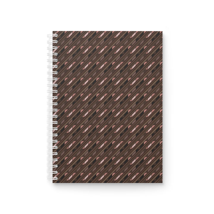 A spiral-bound notebook with a dark brown cover featuring a repeating diagonal geometric pattern in black and metallic rose gold, shown on a plain white background.