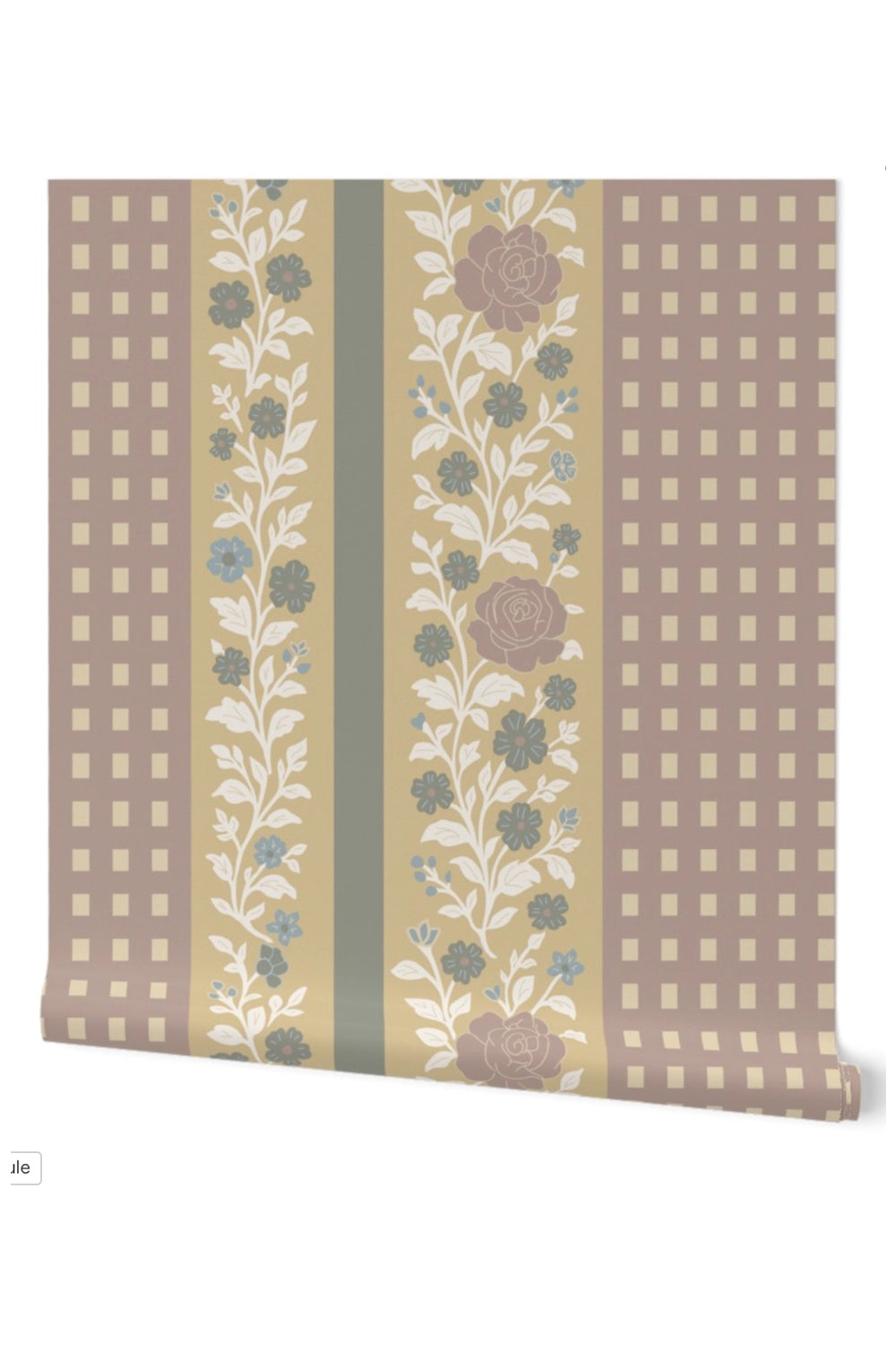 A roll of wallpaper with a vertical striped pattern featuring floral motifs, gingham checks, and a central sage green stripe, shown against a plain white background.