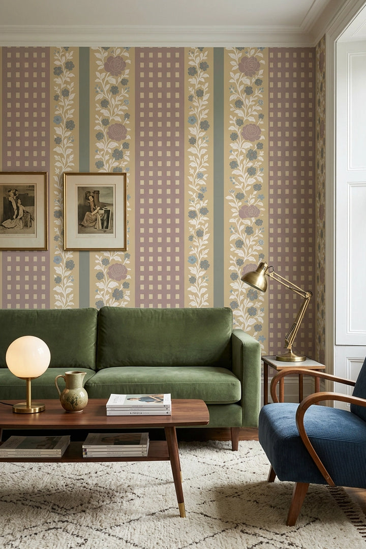 A styled living room featuring a prominent wallpaper design with vertical stripes of muted pink, sage green, and cream floral and geometric patterns. The room is furnished with a green velvet sofa, a dark wood coffee table, a blue armchair, and brass lamps.