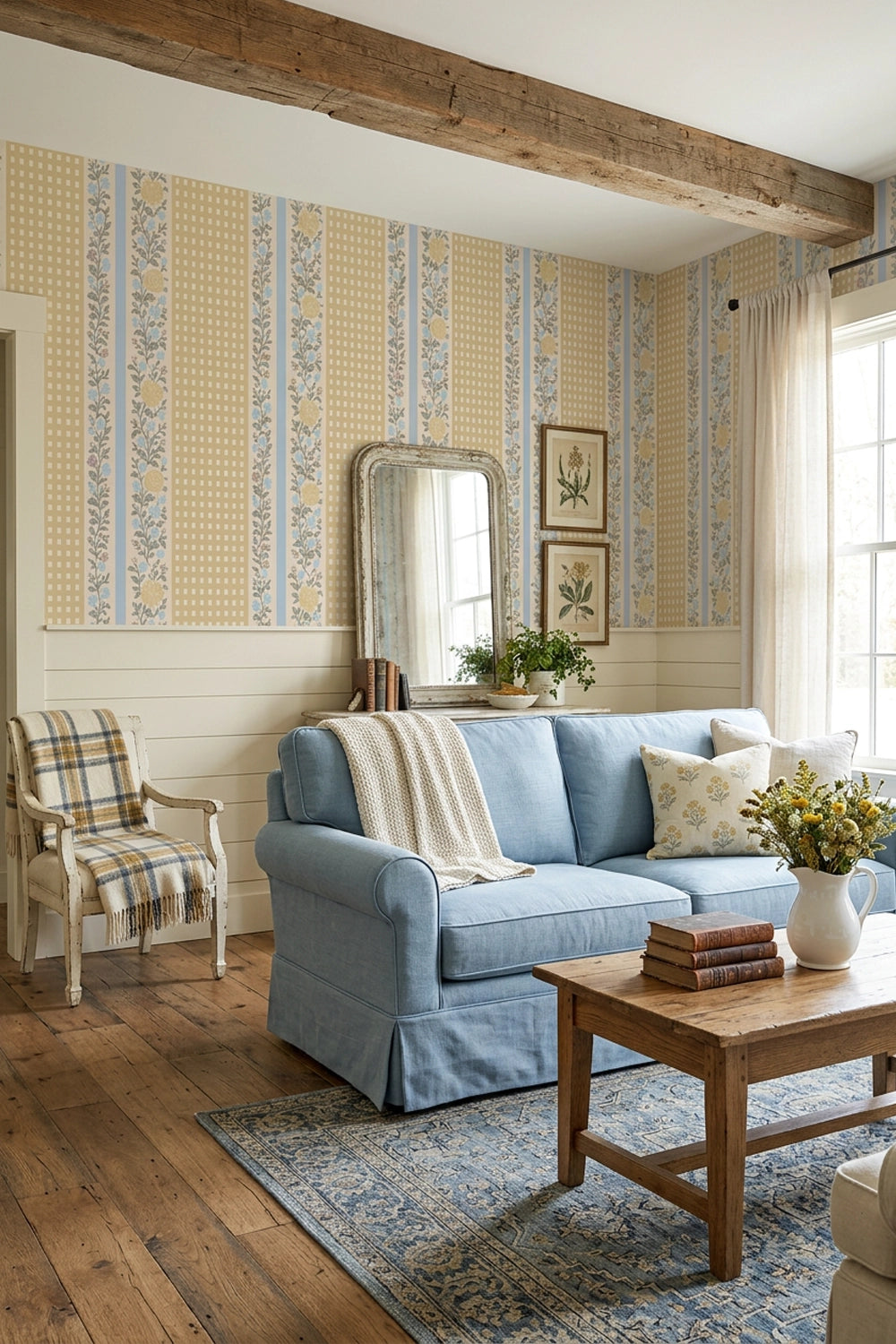 A styled living room featuring a light blue slipcovered sofa with a cream throw blanket, a rustic wooden coffee table, a plaid armchair, and wallpaper with blue and beige vertical stripes.