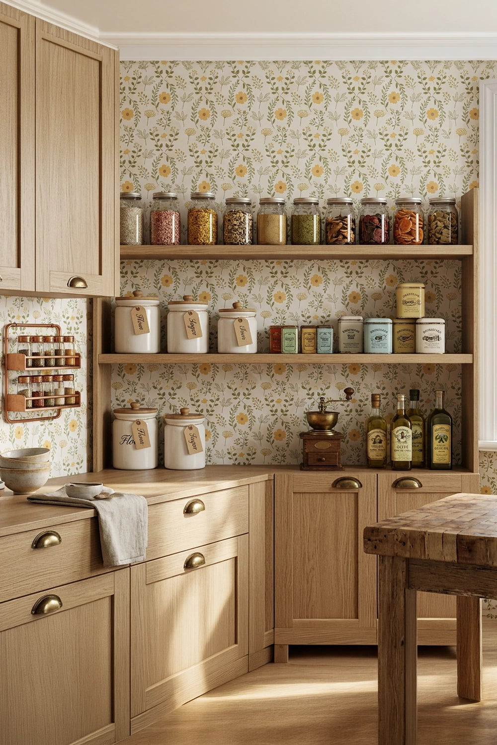 A warm, rustic kitchen interior with light oak wood cabinets, open shelves holding glass jars of spices and canned goods, floral wallpaper, and a wooden table in the foreground.