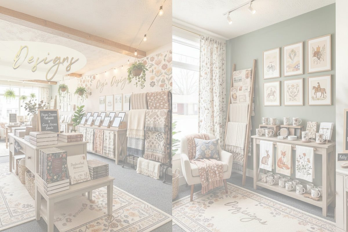 Collage of a home decor store with various products and furniture.