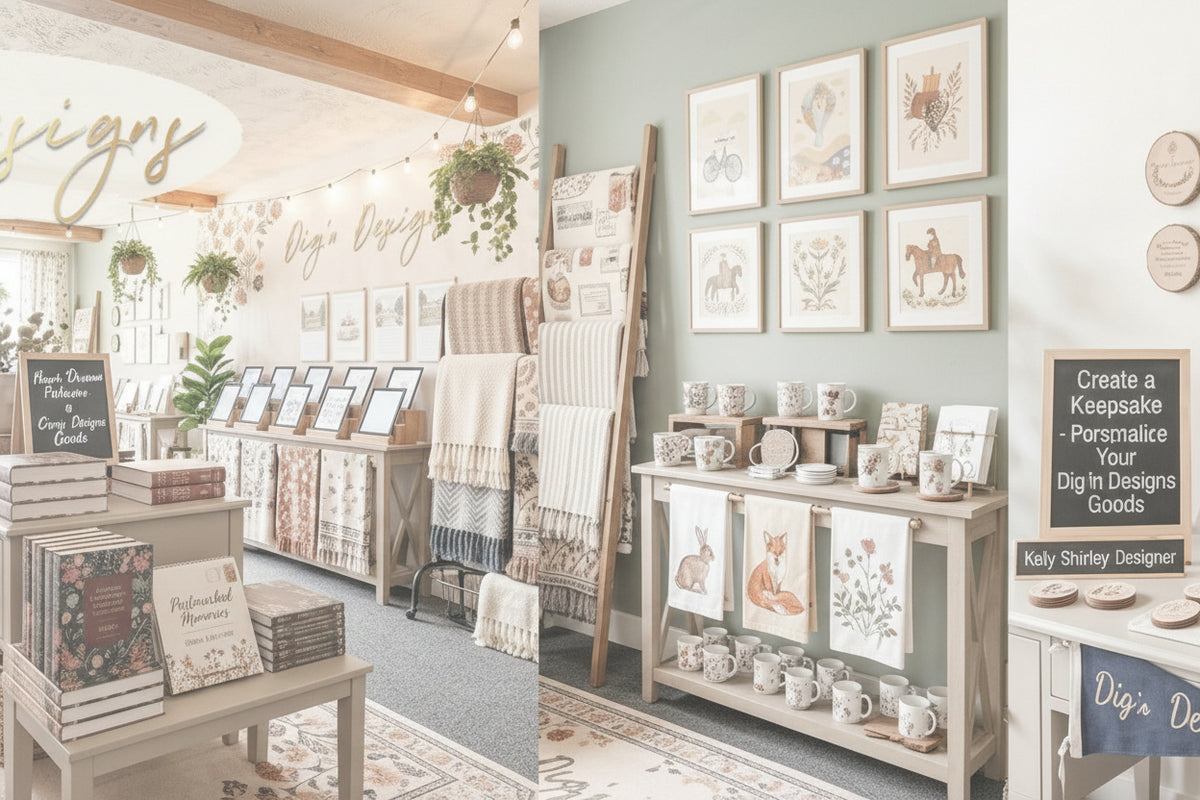Collage of a home decor store with various products and furniture.