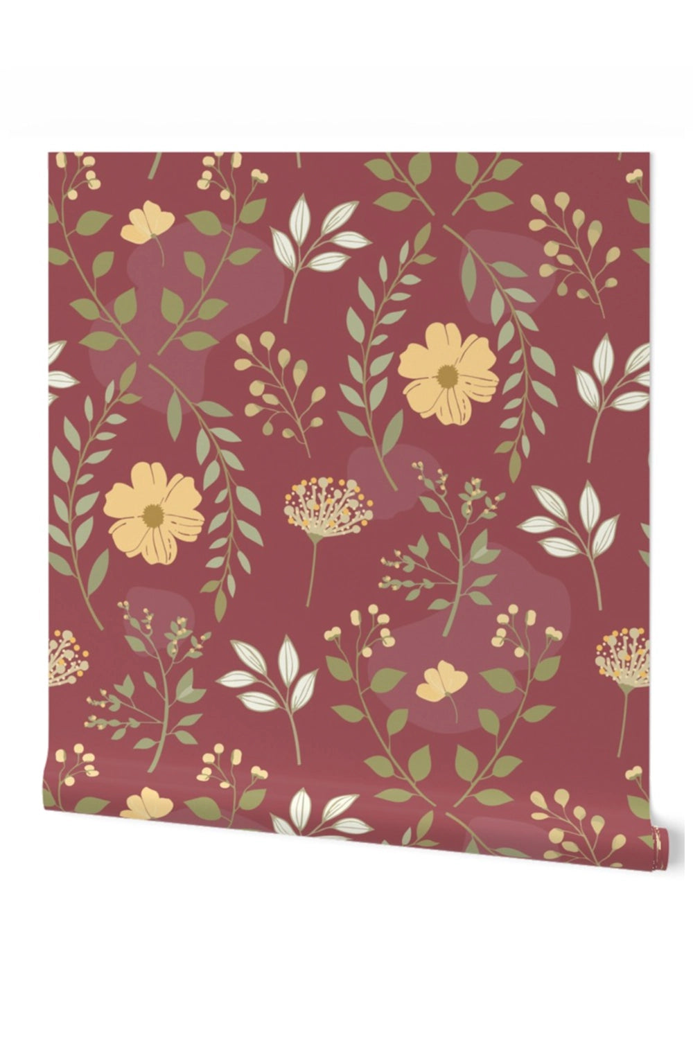 A roll of wallpaper with a botanical pattern, featuring yellow flowers, green leaves, and white accents on a dusty rose background, shown partially unrolled against a white backdrop.