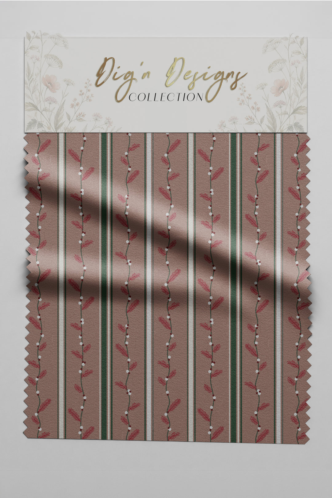 Twinkle Garland Stripe Christmas fabric swatch with twinkle lights, blush leaves and cream and evergreen pinstripes on dusty rose, from the Hearth & Holly Collection by Dig'n Designs