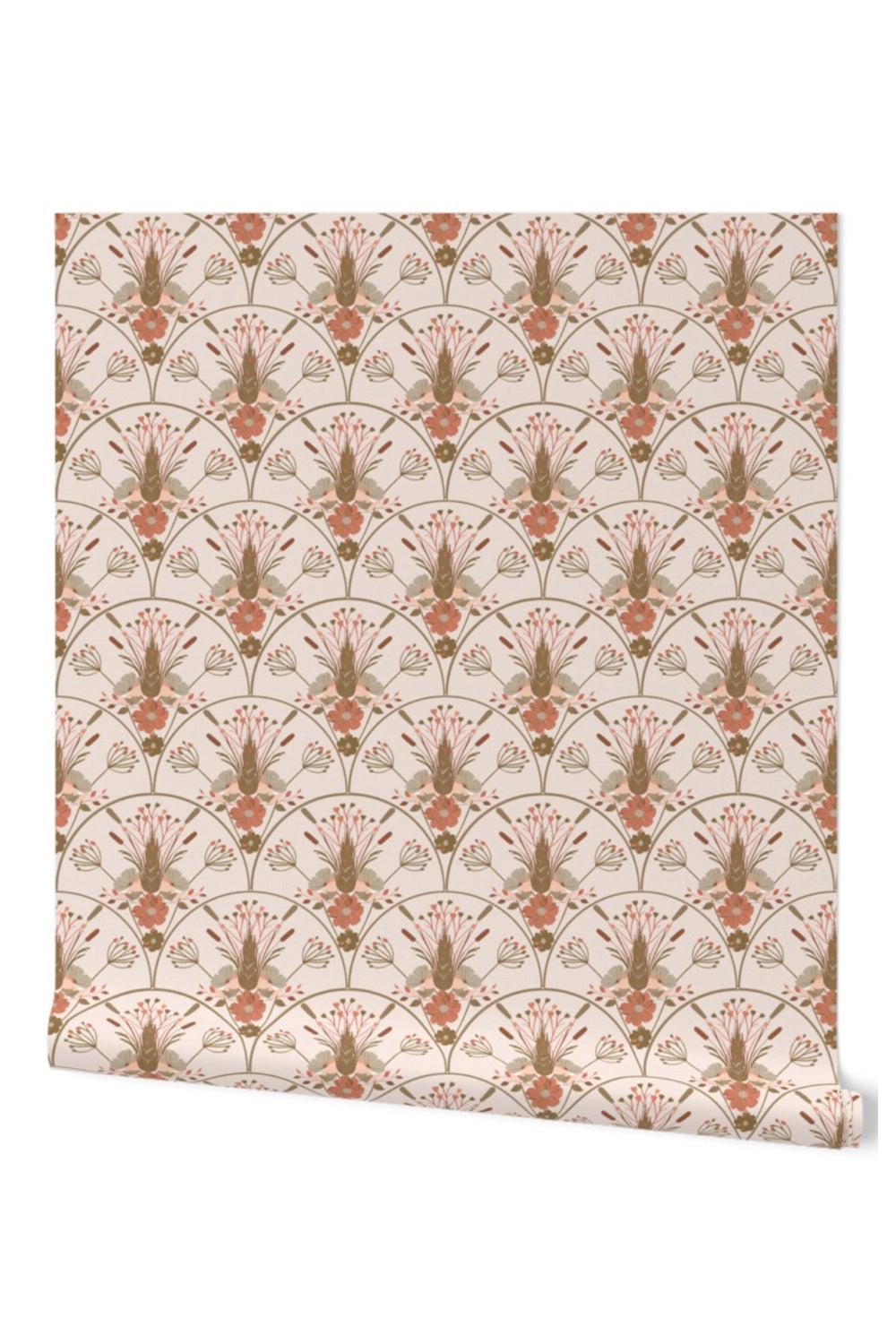 A roll of wallpaper with a repeating Art Deco fan pattern in terracotta, olive green, and brown on a warm cream background, shown against a plain white studio backdrop.