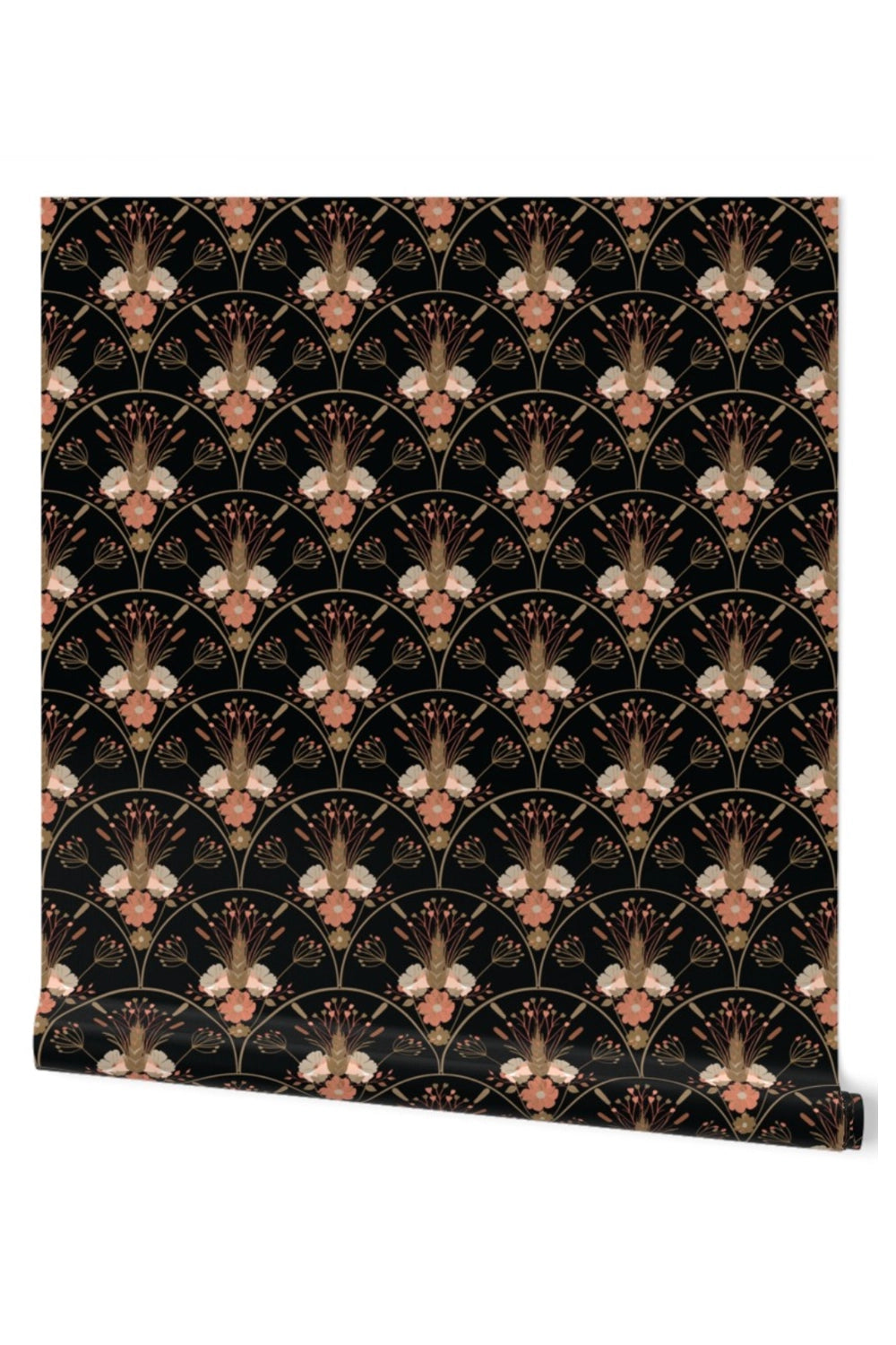 A roll of wallpaper featuring a repeating Art Deco style pattern with butterflies and floral motifs on a black background, shown against a plain white background.