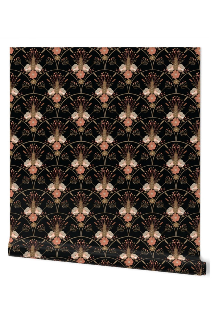A roll of wallpaper featuring a repeating Art Deco style pattern with butterflies and floral motifs on a black background, shown against a plain white background.