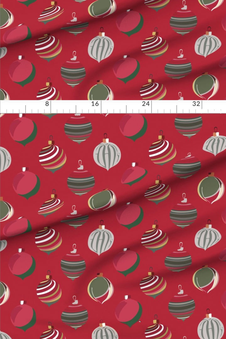 Heirloom Baubles Christmas fabric with measurements showing the pattern scale of the vintage ornament print