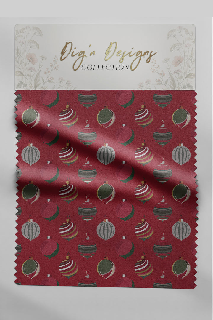 Heirloom Baubles Christmas fabric swatch with vintage glass ornaments in sage, silver, cream and gold on cranberry red, from the Hearth &amp; Holly Collection by Dig&