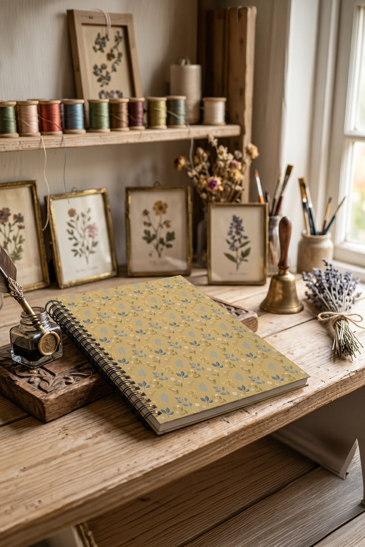 Spiral-bound notebook with floral pattern on a wooden desk with stationery items.