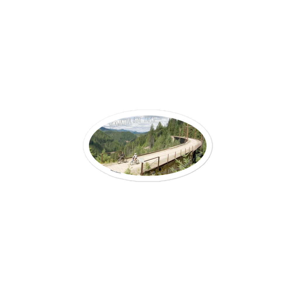 this sticker is an oil painting/picture of part of the Hiawatha trail.