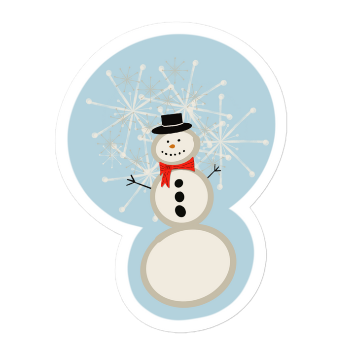 display of a snowman sticker that shows him in a red scarf and button down coal on his chest.  Snowflakes are also falling behind him.