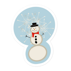 display of a snowman sticker that shows him in a red scarf and button down coal on his chest.  Snowflakes are also falling behind him.