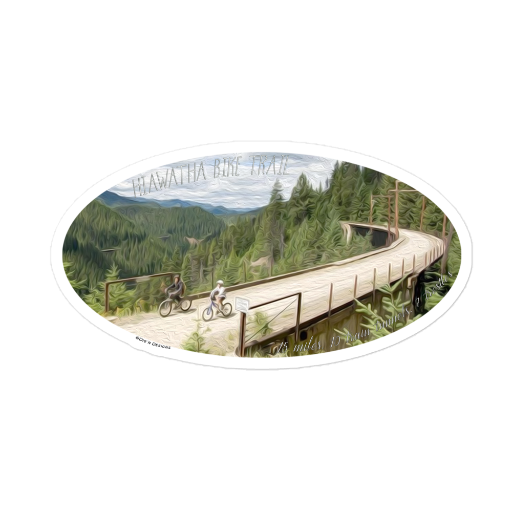 this sticker is an oil painting/picture of part of the Hiawatha trail.
