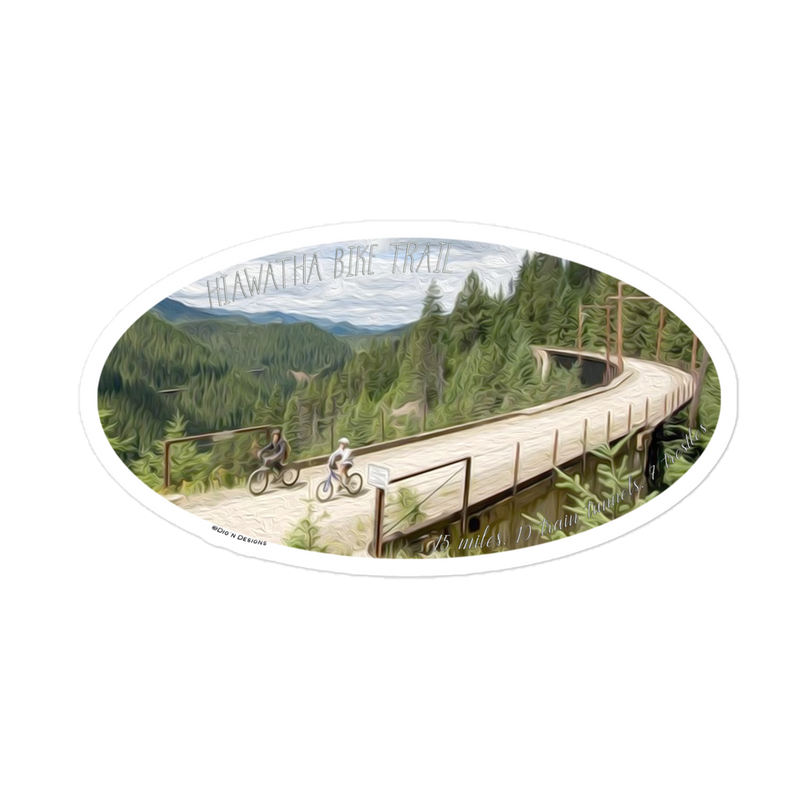 this sticker is an oil painting/picture of part of the Hiawatha trail.