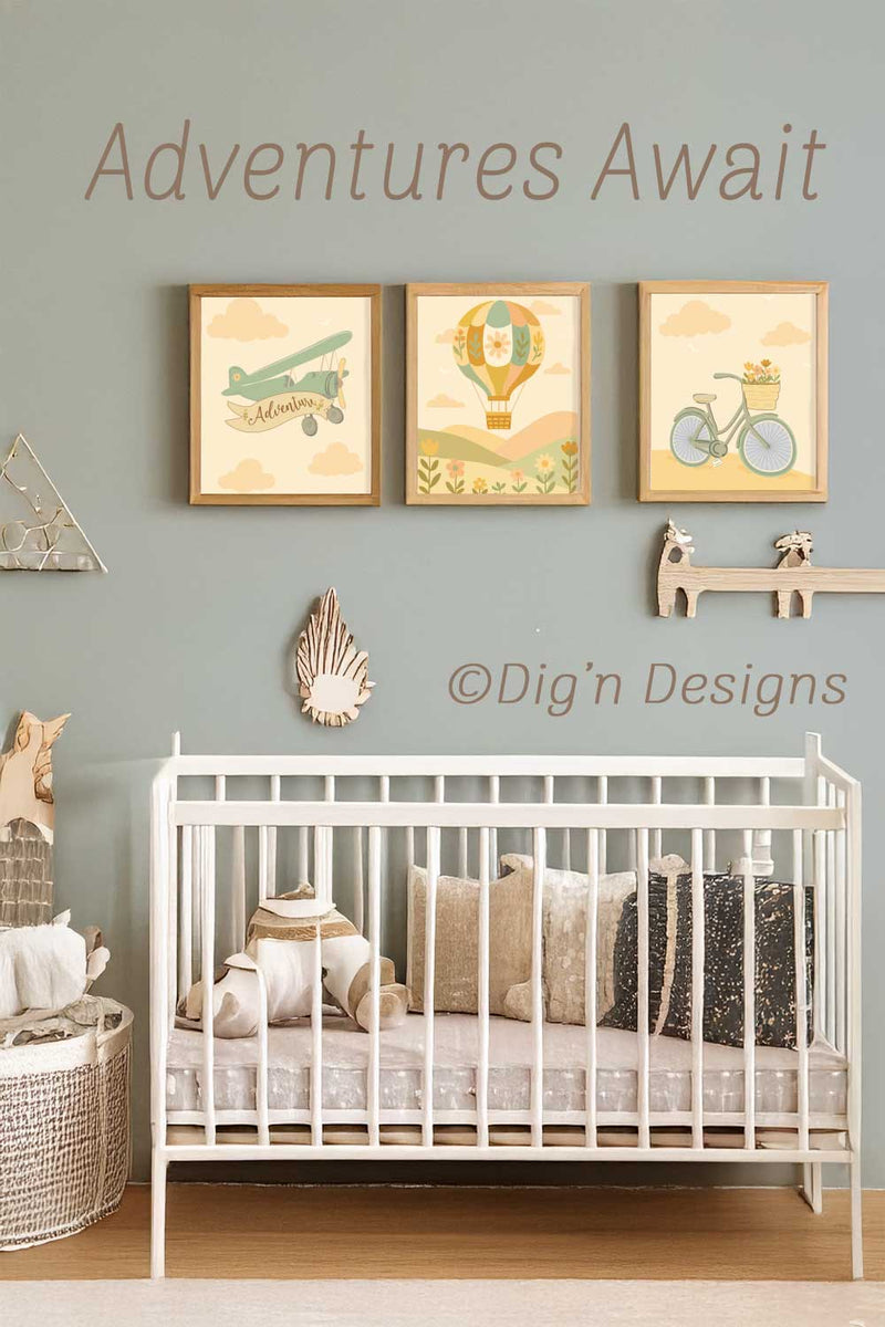 Nursery room with a crib, wall art, and decorative elements on a light blue wall.