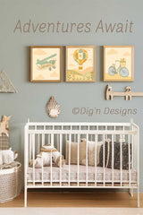 Nursery room with a crib, wall art, and decorative elements on a light blue wall.