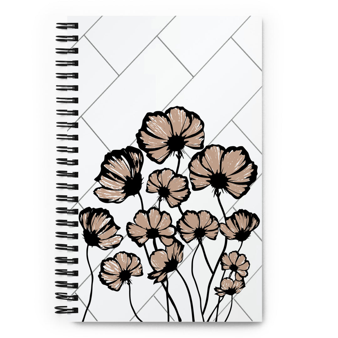 Notebook or journal with black traced flowers that are painted in light brown