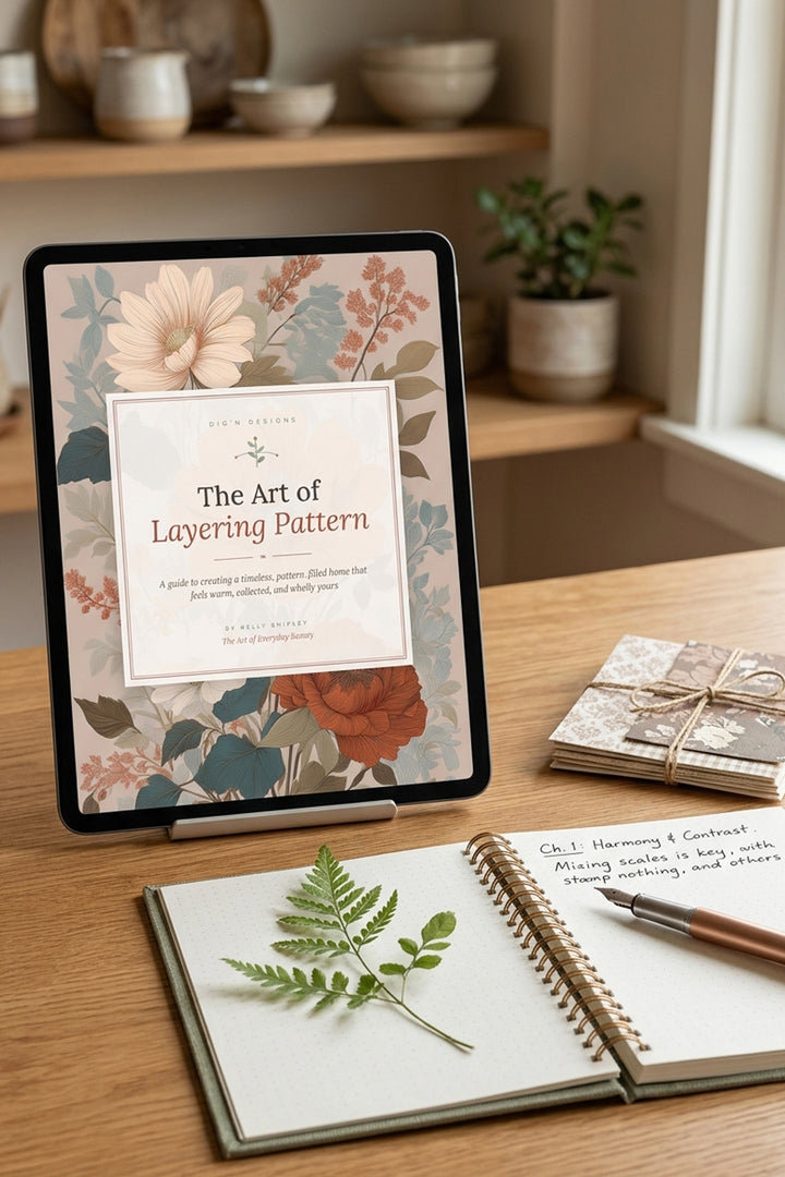 Pattern mixing guide ebook The Art of Layering Pattern on a tablet in a farmhouse kitchen beside a sketchbook