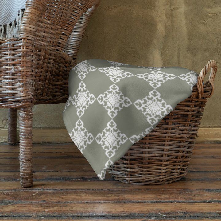 Picture of olive earth tone throw blanket sitting in a basket