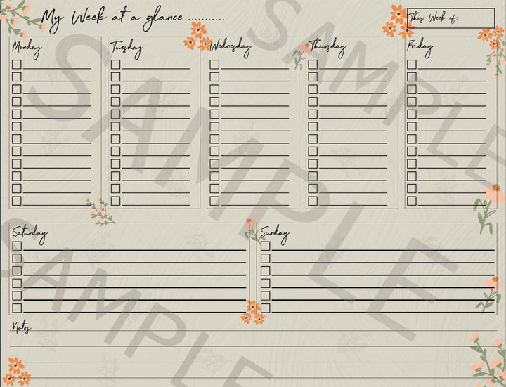 sample page of the inside of the my week at a glance calendar