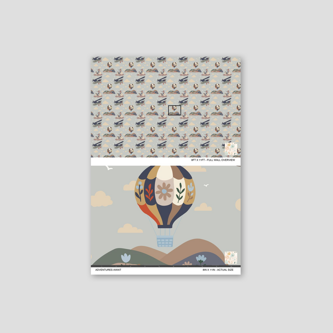 Whimsical wallpaper with vintage airplanes, hot air balloons, and pastel clouds in muted tones.
