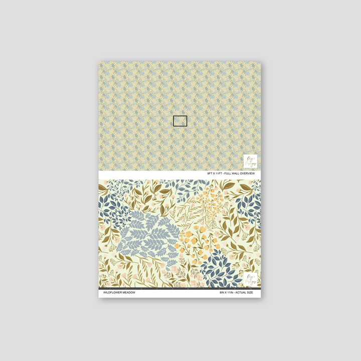 Wildflower Meadow wallpaper sample with botanical motifs in sage, mustard, and blush tones.