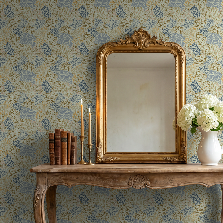Wildflower Meadow wallpaper with botanical motifs in a vintage room setting.