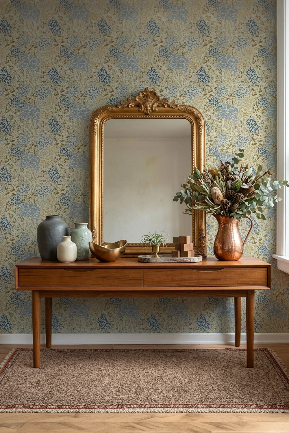 A styled interior scene featuring a large ornate gold-framed mirror leaning against a blue and beige floral patterned wallpaper wall above a mid-century modern wooden console table. The table is decorated with ceramic vases, a copper-toned vase of dried flowers, and a small tray, set on a textured area rug.