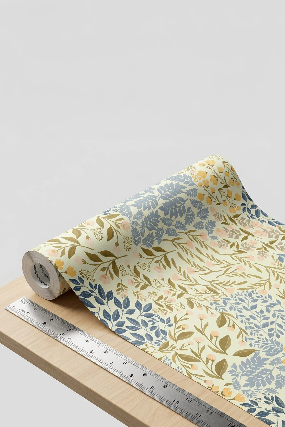 A roll of wallpaper with a botanical leaf pattern in muted blue, olive green, and soft peach on a cream background, shown partially unrolled on a light wood surface with a metal ruler for scale.