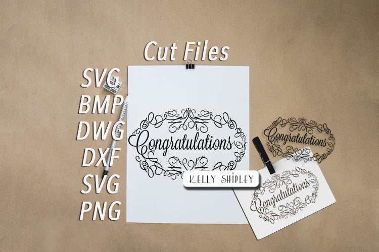Product display of the words Congratulations as a cut out for cutting machines.  This product display shows a card example of someone who used these words as a card with a void where the cuts are cut away from the card.  It's also a print for hanging in a home.