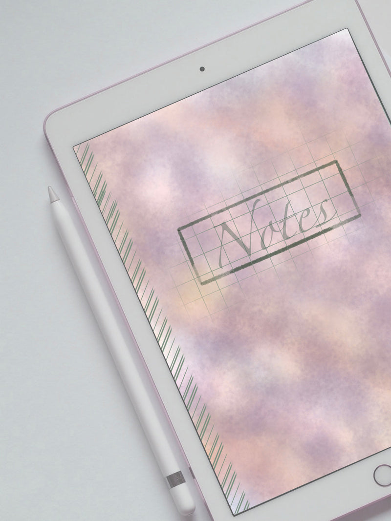 Example of a Pink Water Color digital notebook on display with an ipad pro displaying the cover.